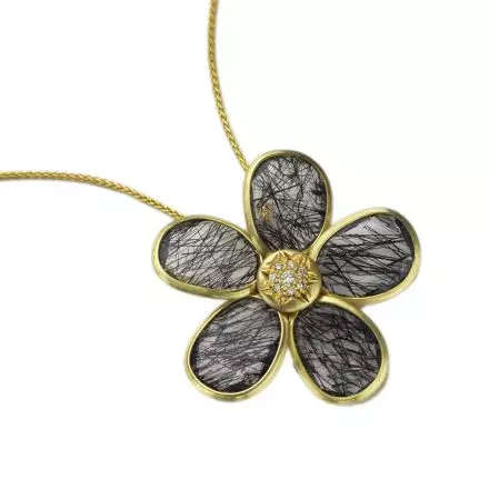 14K Gold Necklace with Black Rutile Quartz and Diamonds 0.055ct Flower