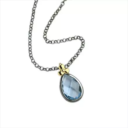 Blackened Silver with 14K Gold Necklace Drop Shape Blue Topaz