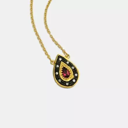 14K drop shape Gold Necklace, Rhodolite and Diamonds 0.04ct