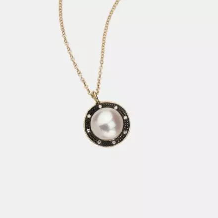 14K Gold Necklace, Lustrous Pearl and Diamonds 0.04ct
