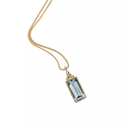 14K Gold Necklace Rectangular Blue Topaz and Diamond 0.015ct