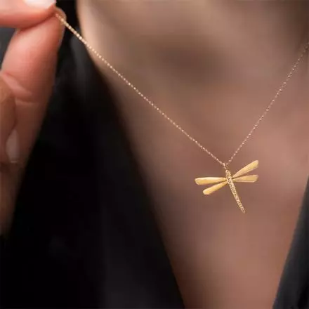 14k Gold delicate Dragonfly Necklace with Diamonds 0.055CT