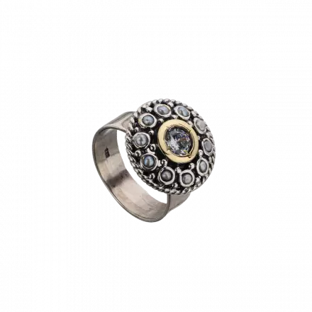 Silver Ring accented with 9k Gold and set with round Zircon surrounded by Pearls