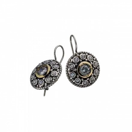 Dangling Earrings with center Silver Dome and Zircon surrounded by 9k Gold and Pearls