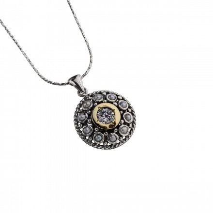 Silver Dome Necklace with center Zircon surrounded by 9k Gold and Pearls