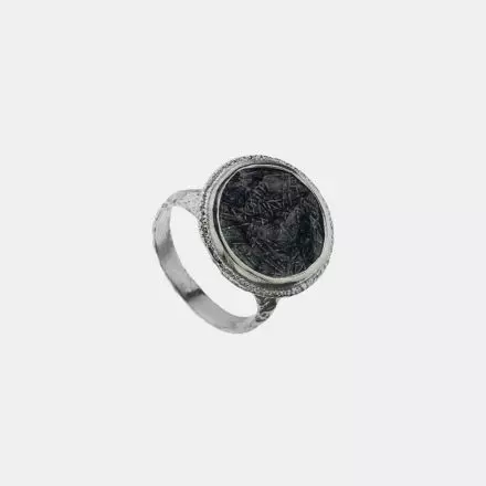 Silver Ring highlighted with a textured, darkened antique finish silver round at the top