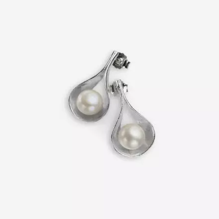Silver Curved Drop Shape Stud Earrings with Pearls