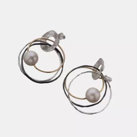 Silver Stud Earrings, combining gilded, white and darkened silver hoops and pearl