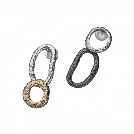 Asymmetrical darkened silver, white silver and gilded Stud Earrings