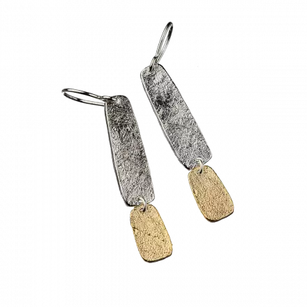 Dangling Silver Earrings composed of white silver rectangles accented with gilding