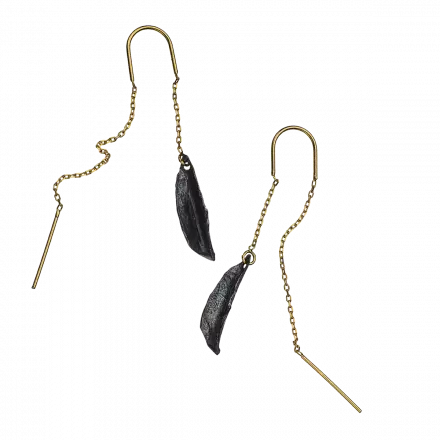 Gilded Silver Chain Earrings decorated with darkened silver leaf-like element
