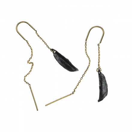 Gilded Silver Chain Earrings decorated with darkened silver leaf-like element