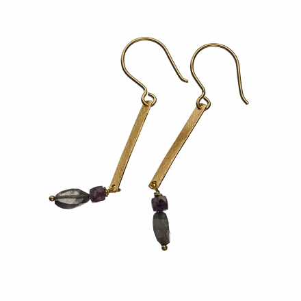 Silver Earrings with long, slim gilded rectangle, Labradorite and Tourmaline