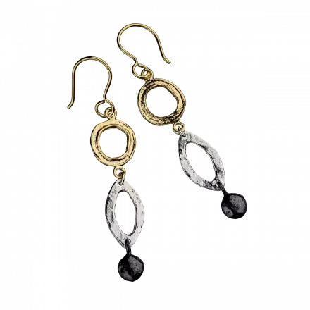 Dangling Silver Earrings with white silver, dark silver and gilded chain links