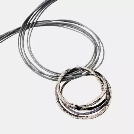 Gray Leather Necklace with dangling darkened and gilded silver hoops