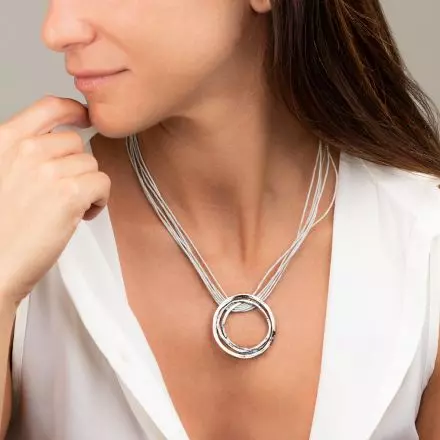 Gray Leather Necklace with dangling darkened and gilded silver hoops