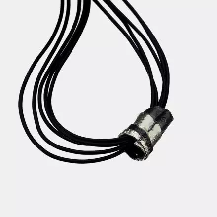 Black Leather with white and darkened silver pipes Necklace