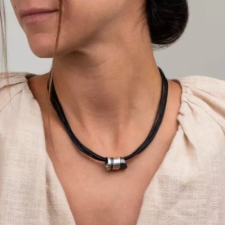 Black Leather Necklace with white and darkened silver pipes