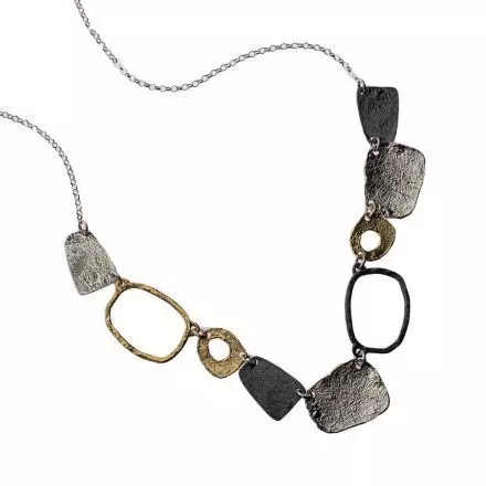Silver Chain Necklace composed of textured rectangular links and white, darkened and gilded silver rings
