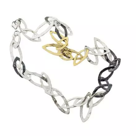 Long Necklace composed of gilded, white and darkened interlocking oval silver rings