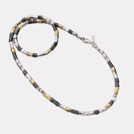 Silver Necklace with white, darkened and gilded silver pipes