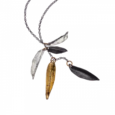 Silver Necklace with darkened, white and gilded silver leaf pendant