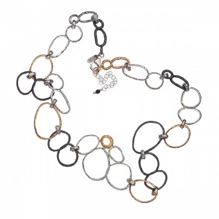 Silver Chain Necklace composed of white silver, darkened silver and gilded round links