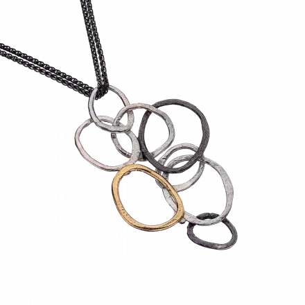 Double Strand Silver Necklace with three-colored silver link pendant