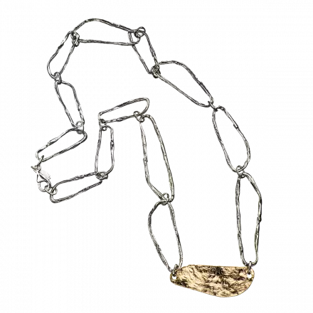 Long Silver Geometric Link Necklace with gilded element