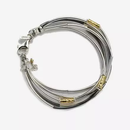 Silver Bracelet with Blackened, Gold Plated and Shiny Silver Tubes