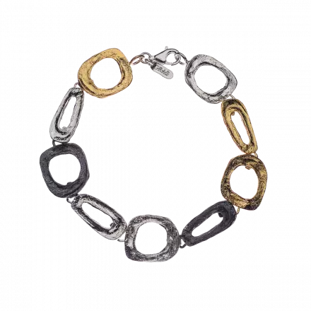 Silver Bracelet with white, darkened silver and gilded flattened links