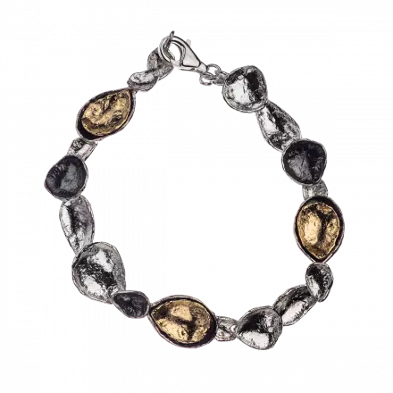 Silver Bracelet composed of concave white silver, darkened silver and gilded links