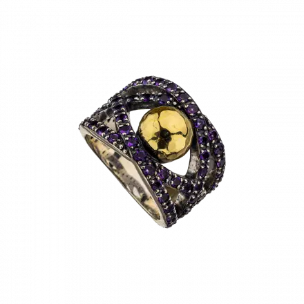 Silver Ring with Purple Zircon and 9k Gold
