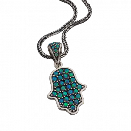 Silver Necklace with Hamsa Shape Pendent with Opal