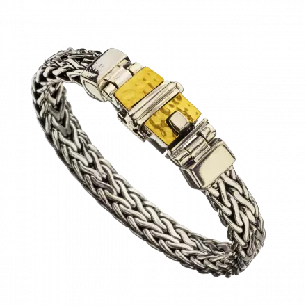 Thick knitted Silver Bracelet with silver box clasp, accented with 9k gold