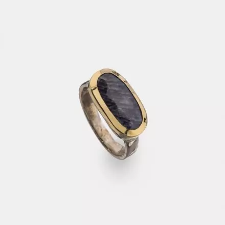 Oval Sapphire Corundum Silver Ring accented with 9k Gold