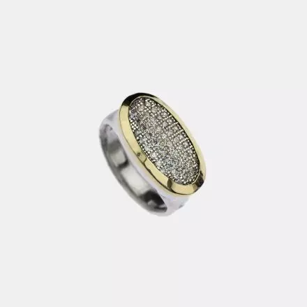 Hammered Silver Ring with Zircons set in oval 9k Gold Mount