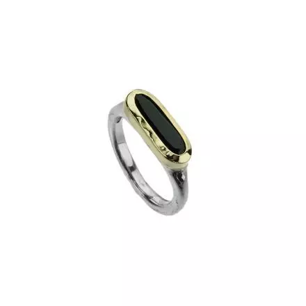 Hammered Silver Ring with Onyx Stone in 9k Gold Mount