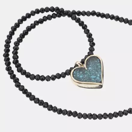 Black Spinel Necklace with 9k Gold Heart Pendant set with tiny Turquoise Stones