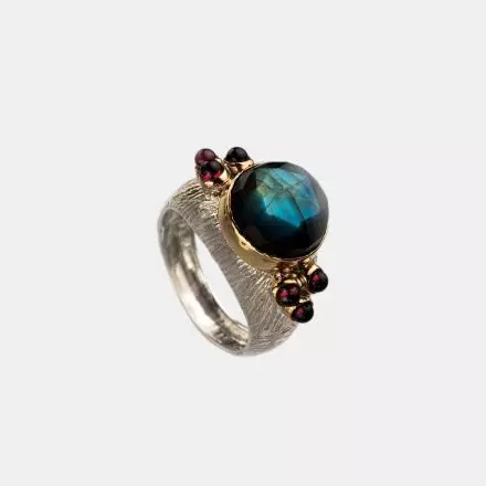9K Gold and Silver Ring with Garnets and Labradorite