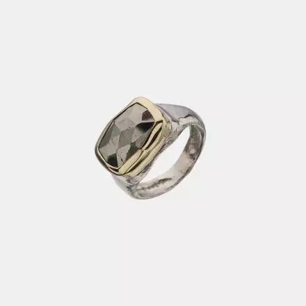 Silver Ring with center Silver Mount set with Pyrite wrapped in 9k Gold