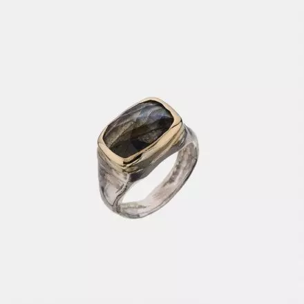 Silver Ring with center silver mount set with Labradorite wrapped in 9k Gold