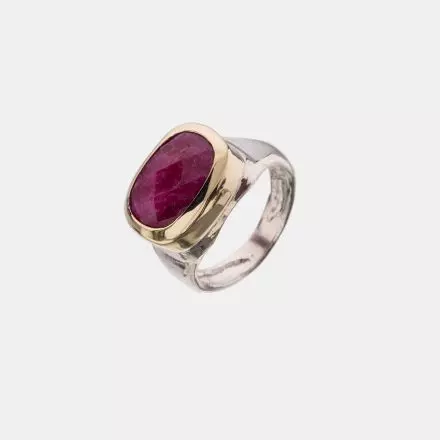 Silver Ring with center Silver Mount set with ruby wrapped in 9k Gold