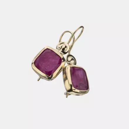 Half-Ball 9k Gold Earrings with square rubies in 9k Gold Setting