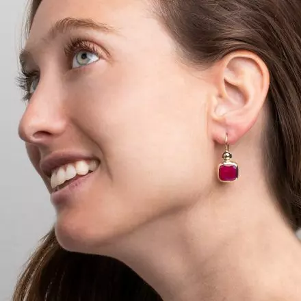 Half-Ball 9k Gold Earrings with square rubies in 9k Gold Setting