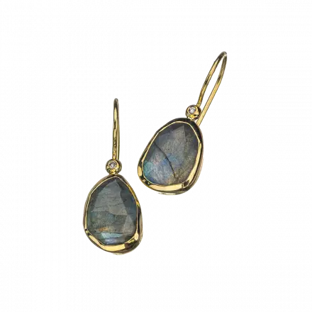 9k Gold Dangling Earrings with Labradorite and Diamond