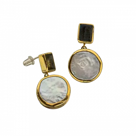 9k Gold Stud Earrings with Labradorite and Pearl
