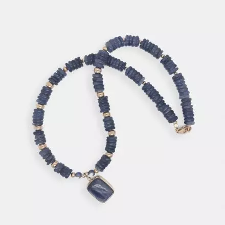 Blue Kyanite Necklace Goldfilled beads rectangular Kyanite Set in Silver and 9K Gold