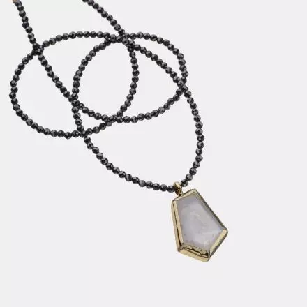 Black Spinel Necklace with unique Moonstone Pendant wrapped in 9k Gold