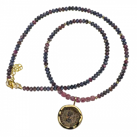Sapphire Necklace with ancient Roman Coin pendant set in 9k Gold